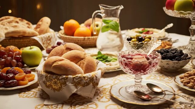 A lavish table is laden with an array of food bread, fruits, and dips, with a water pitcher