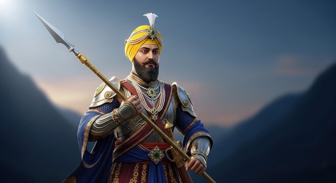 Guru Gobind Singh Ji Khalsa Theme. Semi-Realistic Divine Illustration.