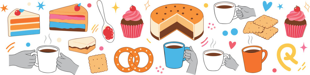 Dessert and drink icon vector—cupcakes, layered cakes, coffee mugs, pretzels, jam spoons, and festive hands for cozy celebration visuals