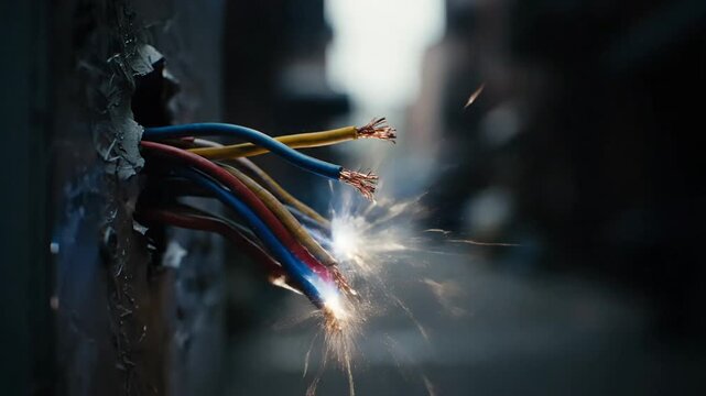 Exposed electrical wires coming from a broken wall socket