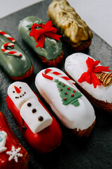 Festive holiday pastries decorated with Christmas themes for seasonal celebrations