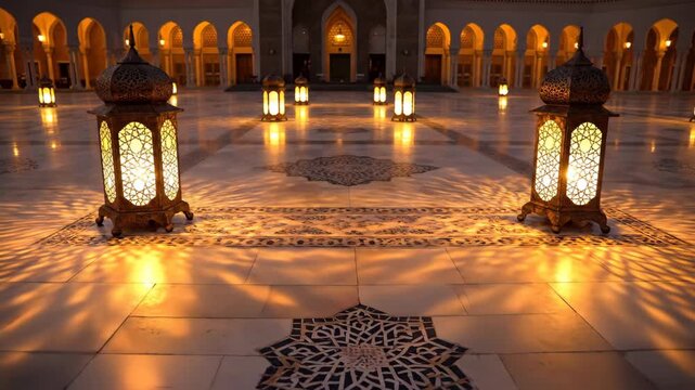 A serene architectural courtyard illuminated with ornate lanterns, casting patterned light. The ground shows tile work