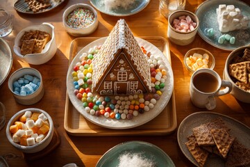 Gingerbread House topped with colorful candies and marshmallows, surrounded by bowls of sweets. Concept of festive decoration, spiced cookie structure decorated festive.