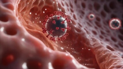 Microscopic View of Coronaviruses Invading Human Cells With Red Spikes and Cellular Structures Illuminated by Soft Light - Powered by Adobe