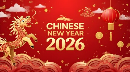 Chinese New Year 2026 Celebration With Dragon, Lanterns, And Gold Coins In Festive Scene