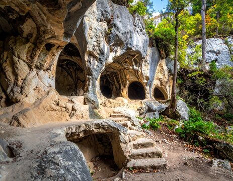 Series of eroded caves carved into cliff face, staircase leading