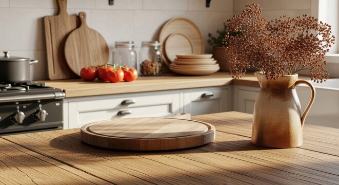 Warmth in the Kitchen: Capturing the beauty of a kitchen's heart, filled with natural light, culinary essentials, and a touch of rustic charm. Inviting textures of wood, ceramics.