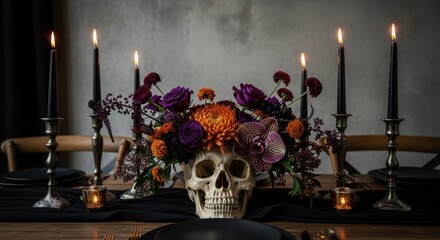 Spooky Table Setting: An alluring Halloween dinner setting, featuring a skull centerpiece surrounded by lit candles and dark decor, creating an ambiance of mystery and celebration.