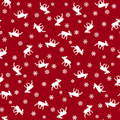 Festive seamless pattern with white snowflakes and moose silhouettes on vibrant red background for winter holiday projects and cheerful seasonal designs