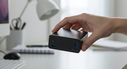 Professional holding a powerful, ultra-compact mini PC with multiple ports and a minimalist design on a desk.Concept of compact computing and professional workspace.