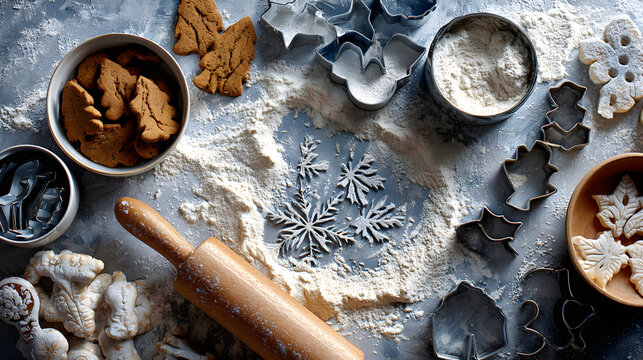 Winter baking flat lay with cookie cutters, pastry flour dust, gingerbread silhouettes, open central space 