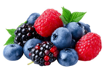 fresh berries assortment: raspberries, blueberries, and blackberries.