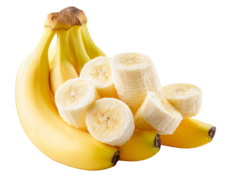 fresh bananas and banana slices isolated on transparent background.