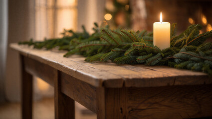 Warm glowing candle illuminates a rustic wooden table adorned with a lush green evergreen garland for a cozy winter holiday celebration First Sunday of Advent