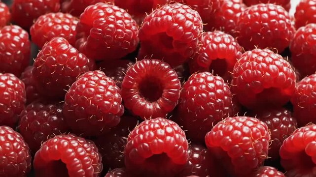 Ripe Ruby Cascade Pile of Fresh with Sweet Raspberries Closeup.