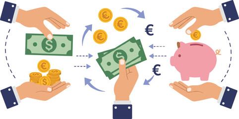 Currency exchange and savings icon vector—hands with dollars, euros, coins, and piggy bank for finance, banking, and economy visuals