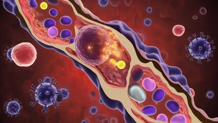 Microscopic view of human immune system fighting viruses and bacteria within a blood vessel detailed cellular structure vibrant red background CGI animation