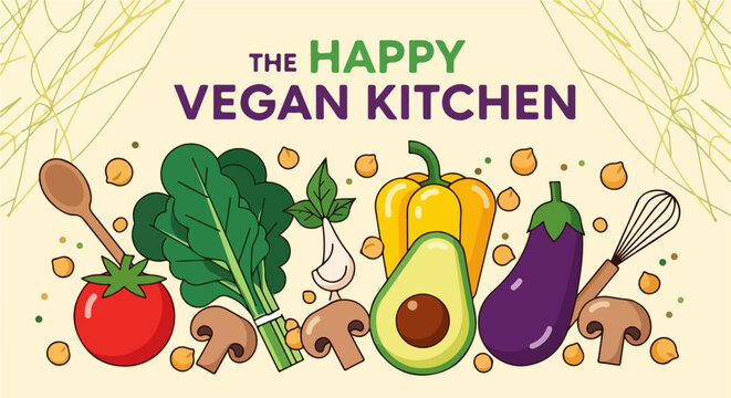 Happy vegan kitchen graphic featuring healthy vegetables. Happy vegan kitchen includes tomato, spinach, mushroom and avocado, pepper and eggplant, garlic, and chickpeas.
