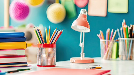 AI Generated - Desk with books, pens, pencils in a cup, a lamp, and other objects on the table. Commercial illustration artwork. Illustration. High-resolution. High-res. Premium quality. Premium.