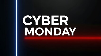 Cyber monday sale announcement with neon lights and bold typography on a dark background