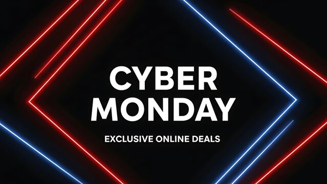 Cyber monday exclusive online deals with vibrant red and blue neon lights on a dark background