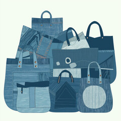 A collection of various blue denim tote bags and shopping bags artfully arranged together, showcasing different textures and styles