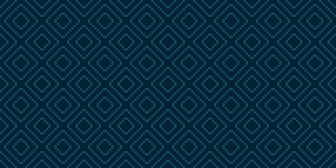 Vector geometric traditional ethnic ornament. Subtle elegant Christmas seamless pattern. Dark blue winter holiday background, folk motif. Simple texture with squares, embroidery style. Repeated design