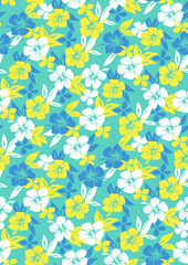 Vibrant floral pattern with hibiscus flowers creating a summery tropical vibe, perfect for textiles, backgrounds, and creative projects, conveying joy