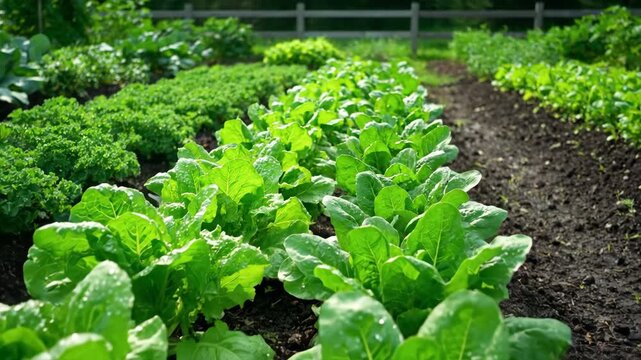 A vibrant garden showcases rows of leafy greens, vegetables flourishing under natural light. A wooden fence provides the background