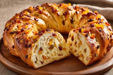 Pan de Rosca on wooden plate, golden-brown crust, soft fluffy interior, adorned with nuts. Concept of festive bread ring shaped traditional enjoyment, perfect for celebrations.