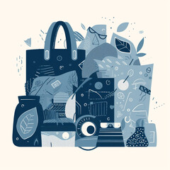 Stylized illustration of various reusable shopping items including a tote bag, jars, and containers in shades of blue and white