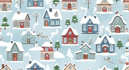 Obraz premium Winter village pattern with houses and trees on a blue background 
