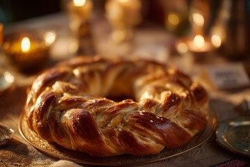 Pan de Rosca on gold plate, set on rustic wooden table. Warm lighting enhances cozy atmosphere. Concept of bread ring shaped traditional festive. 