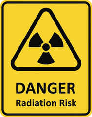 Obraz premium Yellow radiation danger warning symbol and text for safety and hazard awareness vector