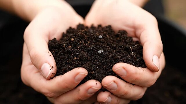Close-up of hands cupping rich, dark soil, showcasing its texture and granules.  The shot emphasizes the nurturing touch of the hands