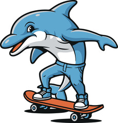 Cartoon dolphin character skating skateboard wearing jeans and sneakers illustration