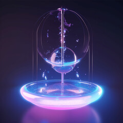A futuristic, glowing, glass sphere fountain with neon blue and pink light effects in a dark, abstract setting