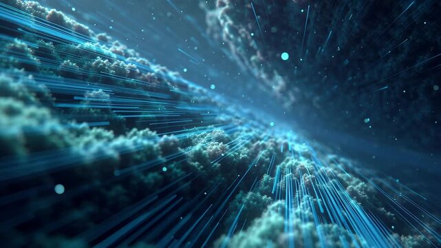 Futuristic Digital Cloud Data Stream with Dynamic Light Trails and Particle Effects in a High-Speed Virtual Environment