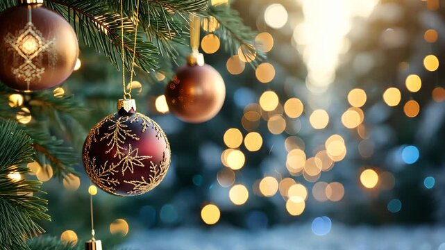 Christmas Ornament: Close-up of elegant Christmas baubles hanging on a festive fir tree branch, illuminated by the warm, inviting glow of fairy lights, creating a magical atmosphere.