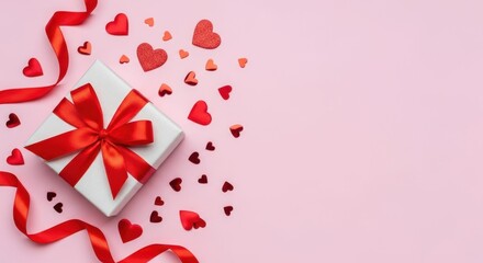 Gift of Love: A white gift box adorned with a crimson ribbon and delicate hearts spills a tale of affection and celebration, elegantly set against a backdrop of soft pastel hue.