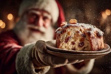 Man with long white beard, Santa hat, holding Pan de Rosca on plate. Warm soft lighting, cozy atmosphere, blurred bokeh lights. Concept of bread ring shaped traditional festive moments.