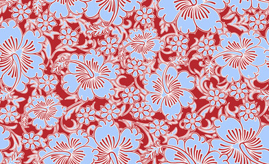 Vibrant tropical hibiscus floral pattern evokes island vibes, perfect for summer fashion, home decor, and textile designs with a touch of paradise