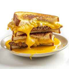 A decadent grilled cheese sandwich stuffed with savory filling and dripping with melted cheddar cheese, isolated on white background