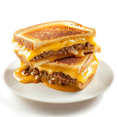 A delicious, gooey, stacked patty melt sandwich with melted cheddar cheese oozing out, perfectly grilled on white bread, isolated on white background