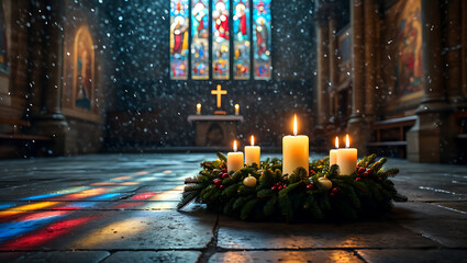 Warm glowing candles on an advent wreath sit on a stone floor in a dimly lit church with stained glass windows casting colorful light First Sunday of Advent