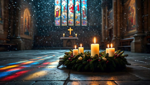 Warm glowing candles on an advent wreath sit on a stone floor in a dimly lit church with stained glass windows casting colorful light First Sunday of Advent