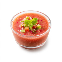 Chilled glass bowl of refreshing red gazpacho soup garnished with finely diced vegetable salsa and fresh mint leaf, isolated on white background
