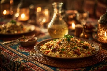 Plate of pilaf with fluffy rice, meat, garnished with herbs. Concept of warm, inviting atmosphere with traditional, festive ambiance, capturing cozy dining experience.