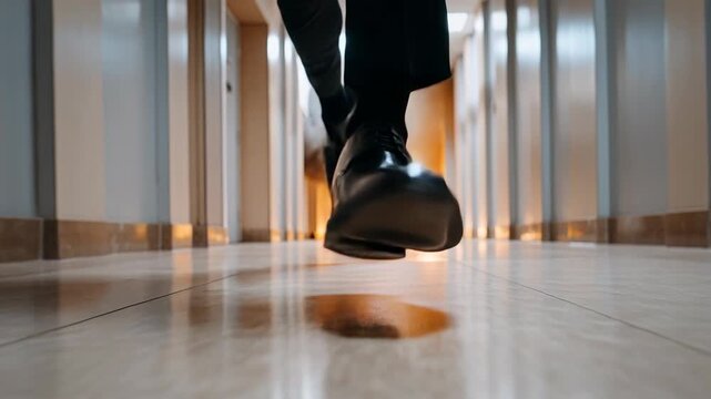 A person in business attire runs from a burning room down an office hallway, fleeing a dangerous fire.