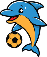 Cheerful dolphin playing soccer ball cartoon character illustration design vector